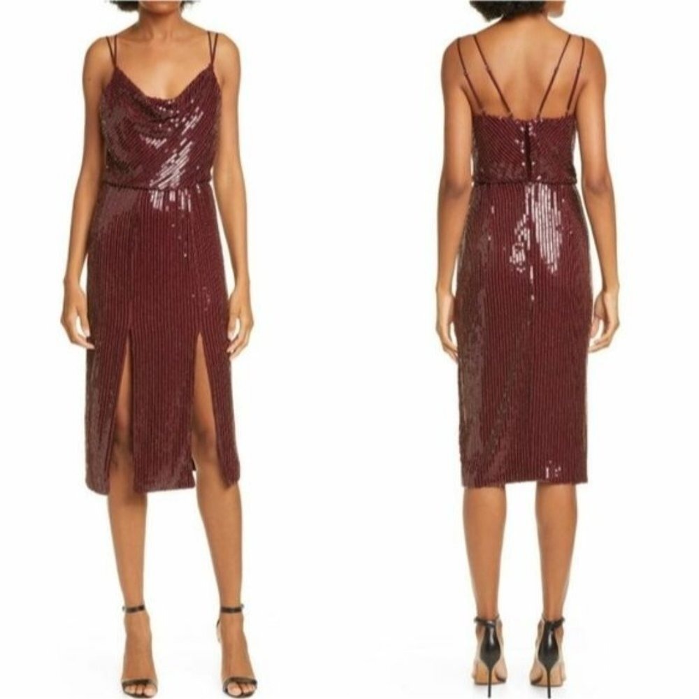 HANEY Elise Sequin Blouson Cocktail Dress in Burgundy - Size 2‎